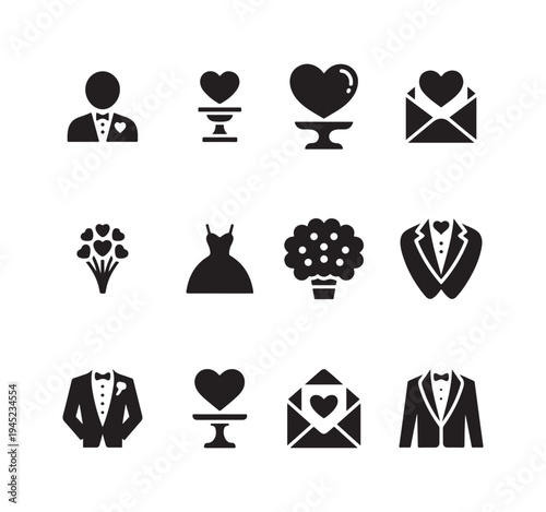 Wedding symbols set including groom suit bride dress and floral bouquet