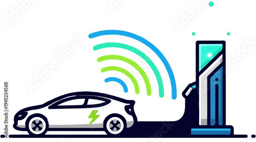 Futuristic car charging wirelessly at a modern station, transmitting energy