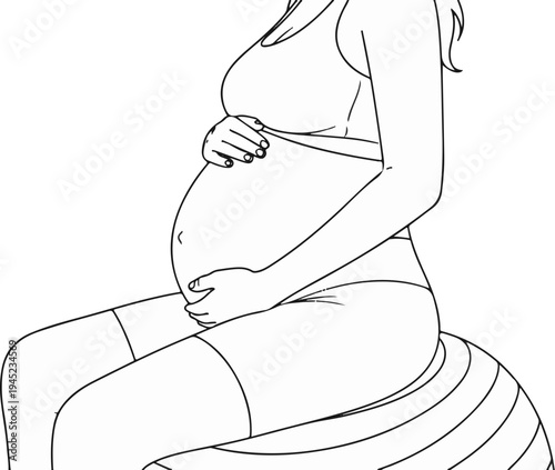 Line drawing of a pregnant person sitting on an exercise ball