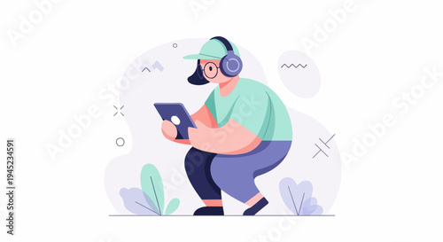 Person in headphones and glasses crouches with a tablet