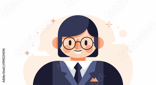 Flat illustration of a person in a suit with glasses and stars