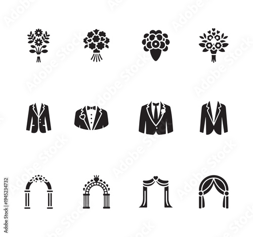 Twelve wedding symbols featuring bridal gowns tuxedos invitations flowers and decorative arches