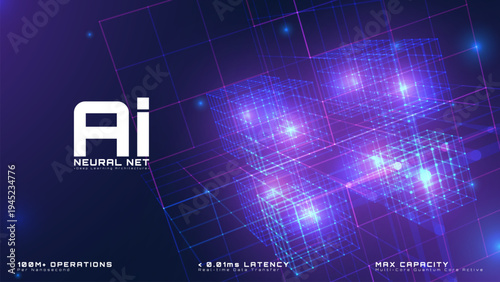 Abstract glowing mesh square background with futuristic AI technology concept. Blue neon wireframe cube digital network landscape. Vector illustration.