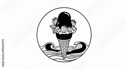 Circular emblem featuring a dark ice cream cone topped with berries and blueberries