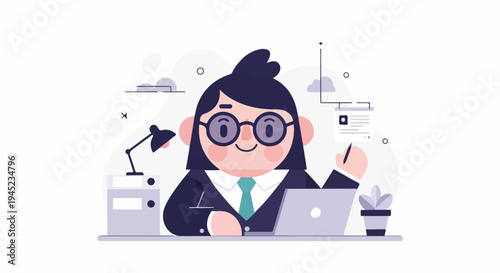 Person at desk working on laptop with desk lamp and plant