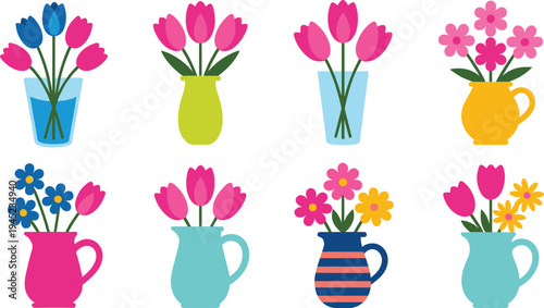 Collection of eight colorful flower arrangements in decorative vases and pitchers featuring tulips, daisies, and blossoms, symbolizing spring, nature, decoration, and botanical artwork design