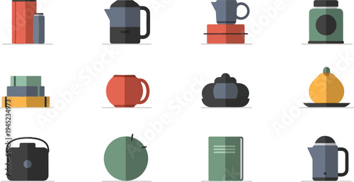 Flat icons kitchenware, books, food items, and containers