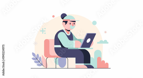 Flat illustration of a person with a cap working on a laptop at a desk