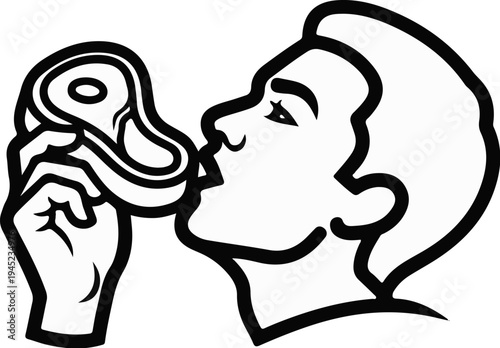 Person enjoying a raw steak, head in profile