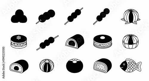 Diverse Japanese sweets and snacks depicted in a clean, minimalist style