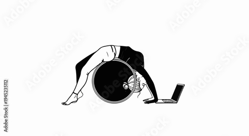 Person balances on yoga wheel with laptop nearby