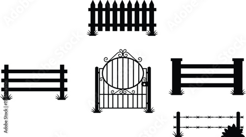 Collection of five black silhouette fence and gate designs including picket, wrought iron, rail, and barbed wire styles with decorative grass architectural elements