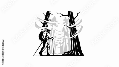 Lone hiker traverses a dense, stylized forest with a backpack and poles