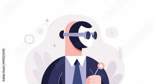 Geometric figure in suit and mask holds a lollipop