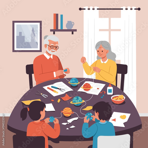 Grandparents and grandchildren spending time crafting at home