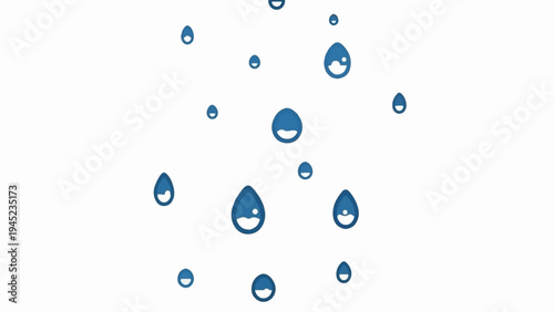 Collection of stylized water droplets in various sizes, against a white background
