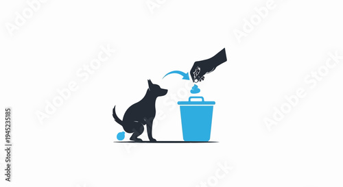 Dog owner cleaning up pet waste with blue bin and trash icon