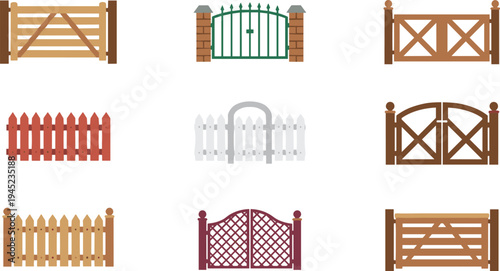 Collection of nine diverse fence and gate designs featuring wooden picket, lattice, brick pillars, metal bars, ornate cross-bracing, curved tops, and architectural inspiration