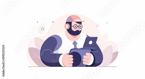 Man in cap and glasses uses a tablet device with headphones on