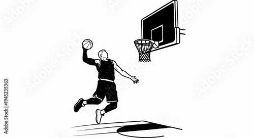 Dynamic black and white illustration of a basketball player mid-dunk
