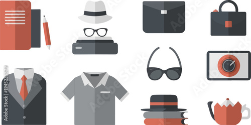 Flat icons of business, leisure, and personal items in a grid layout