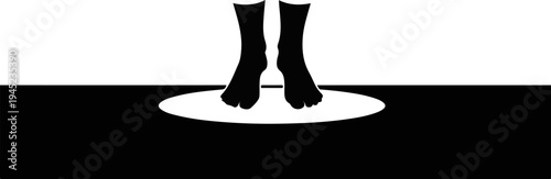 Minimalist silhouette of bare feet in tabi socks standing on a dark surface