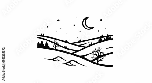 Minimalist silhouette of a crescent moon, stars, and a winter landscape