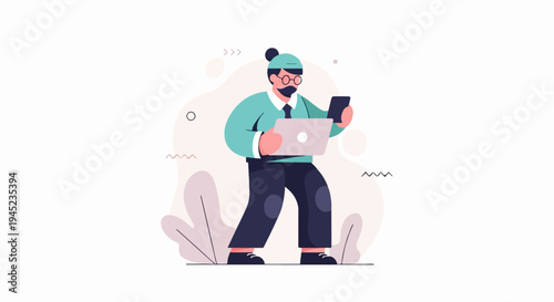 Man with laptop and phone, engaged in work with abstract shapes