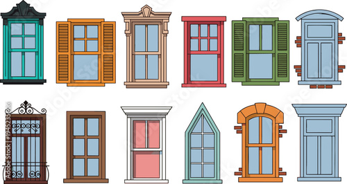 Collection of twelve colorful window designs with decorative frames, shutters, grills, and unique shapes, symbolizing architecture, interior design, home decor, and artistic inspiration