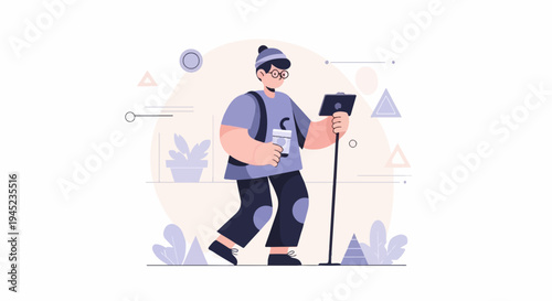 Person holding device and drink, walking with a stick, abstract shapes