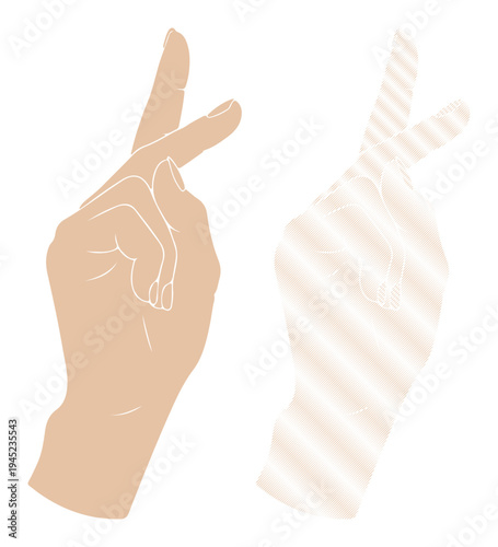 Two hands making a peace sign, one solid and one outlined with stripes