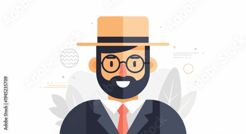 Flat illustration of a smiling man with beard, glasses, hat, and suit