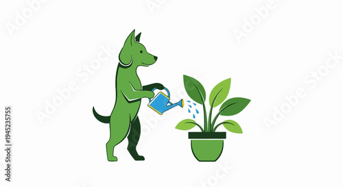 Green dog waters a potted plant with a blue watering can
