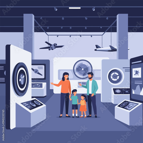 Museum visit family exploring the aerospace museum