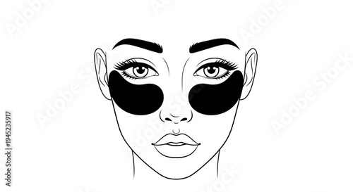 Woman Face with Black Under Eye Patches, Skincare Routine, Beauty Treatment, Line Art Illustration