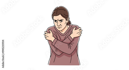 Woman feeling cold and shivering, hugging herself with worried expression