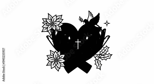 Heart with dove, cross, poinsettias, and holly
