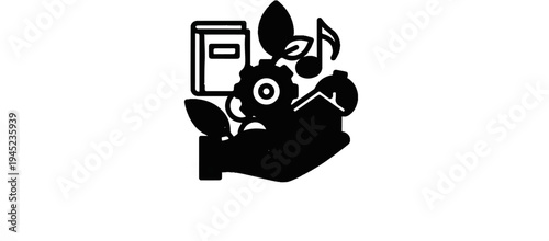 Hand holding a collection of diverse icons representing knowledge, industry, nature, and music