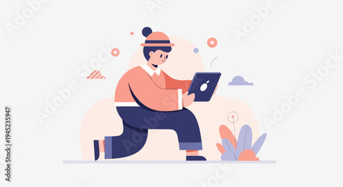 Person kneeling with a tablet, surrounded by abstract shapes and plants