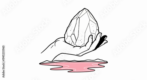 Hand holding a crystal above pink liquid