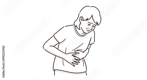 Woman holding stomach in pain, suffering from stomach ache, indigestion, or cramps