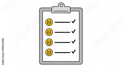 Satisfaction survey form with smiley faces on clipboard feedback evaluation checklist