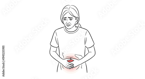 Woman holding stomach in pain, stomach ache, digestive issues, discomfort, medical illustration