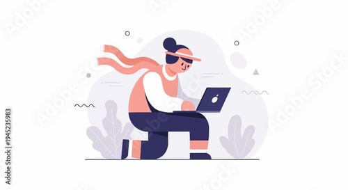 Person kneeling with laptop and scarf in minimal outdoor setting