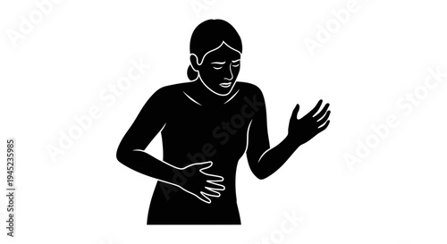 Woman suffering from stomach ache, holding her belly in pain, black and white silhouette