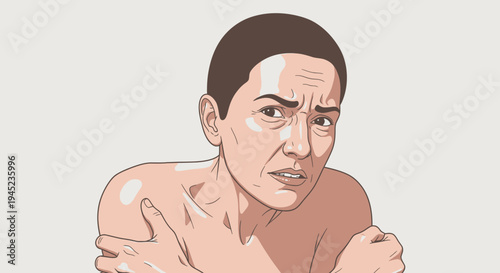 Woman shivering with cold, fear, or anxiety, looking worriedly at the camera.