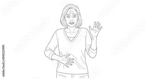 Woman with stomach ache, holding her belly in pain, distressed expression, hand up