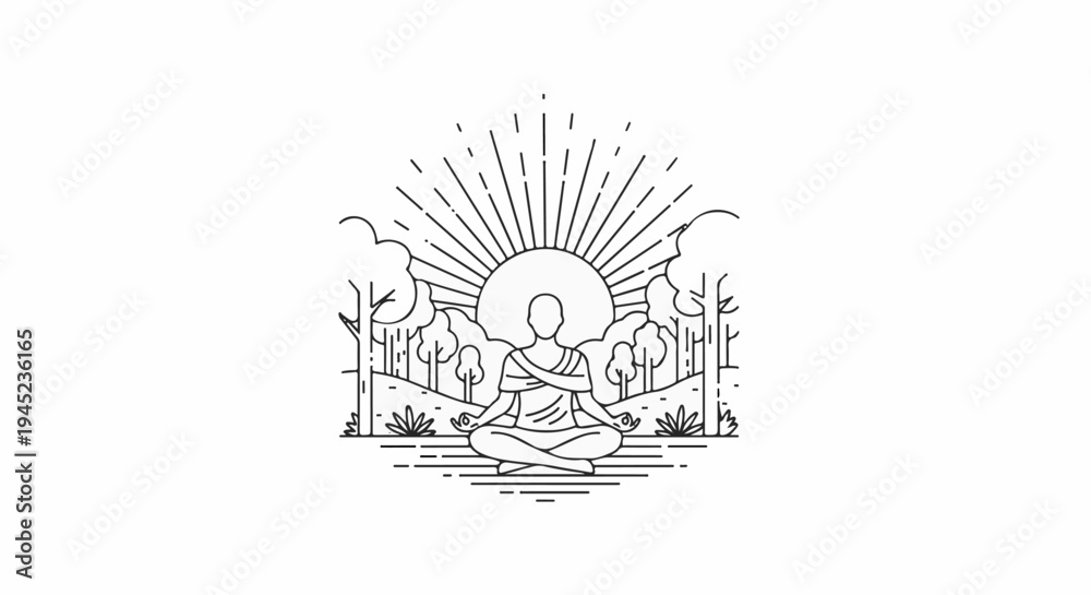 Fototapeta premium Person meditating in nature at sunrise with minimalist line art style