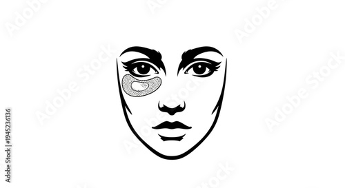 Woman's Face with Under Eye Patches, Skincare and Beauty Treatment, Black and White Line Art