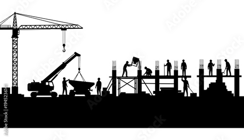 Construction site with crane and workers in silhouette illustration
